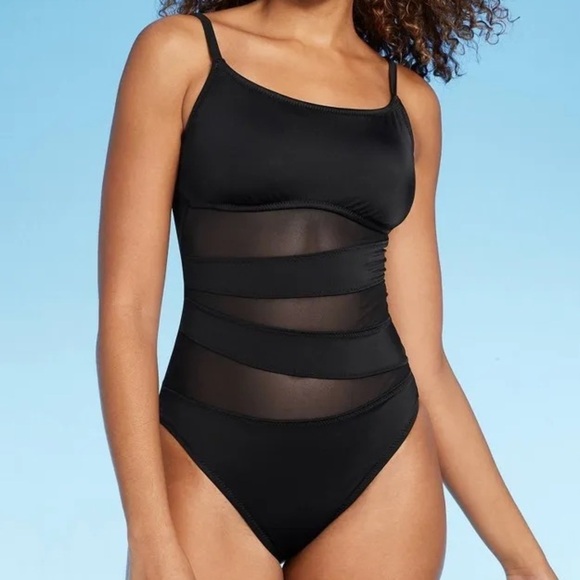 Shade & Shore Black Mesh Front Medium Coverage One Piece Barhimgsuit - Picture 1 of 10